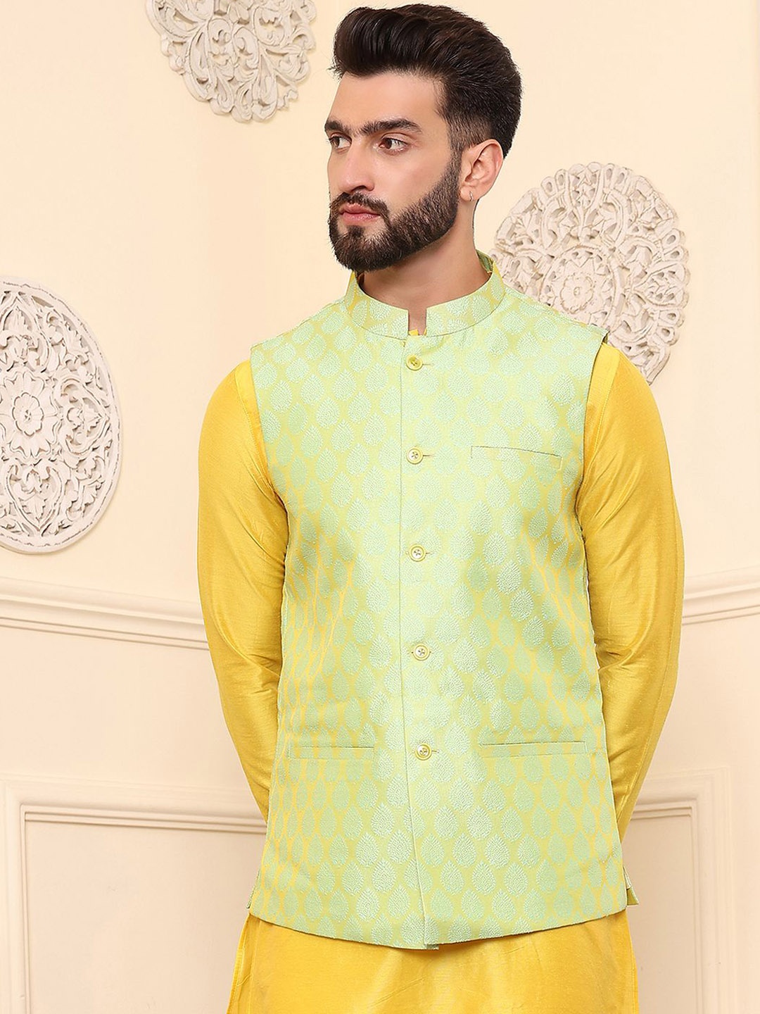 

DEYANN Woven Design Nehru Jackets, Green