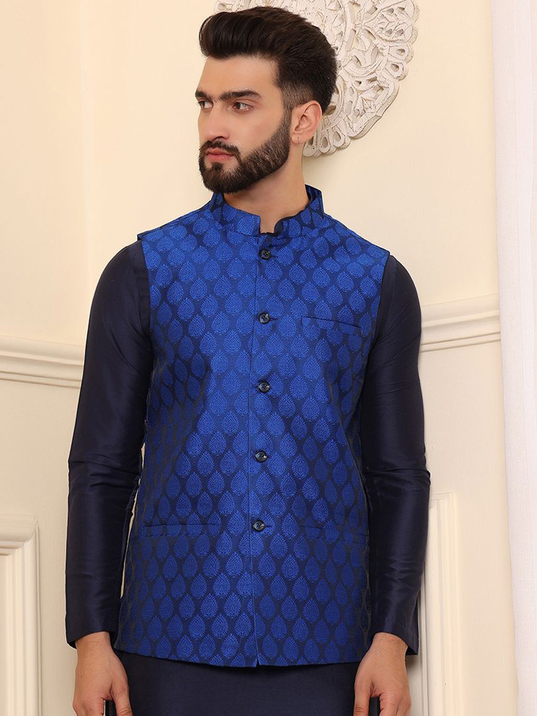 

DEYANN Woven Design Nehru Jacket, Blue