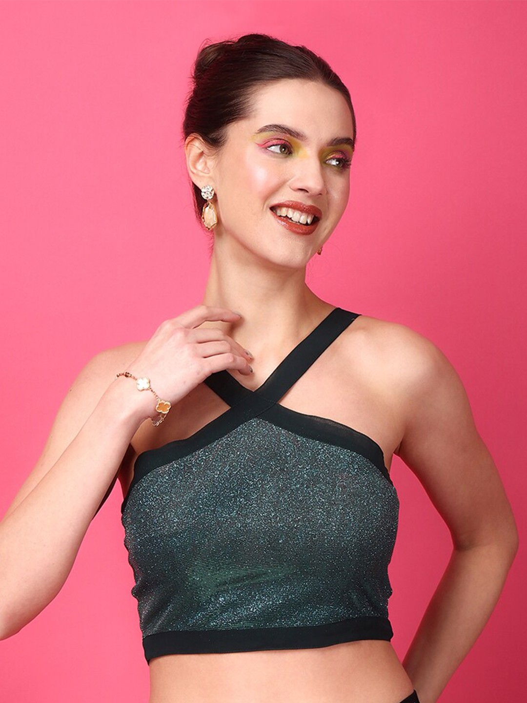 

SCORPIUS Women Halter Neck Embellished Party Crop Top, Teal