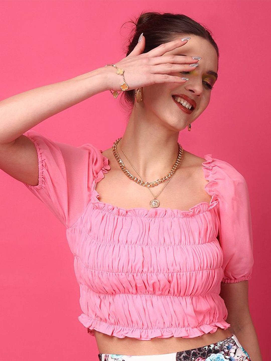 

SCORPIUS Women Square Neck Puff Sleeve Georgette Fitted Crop Top, Pink