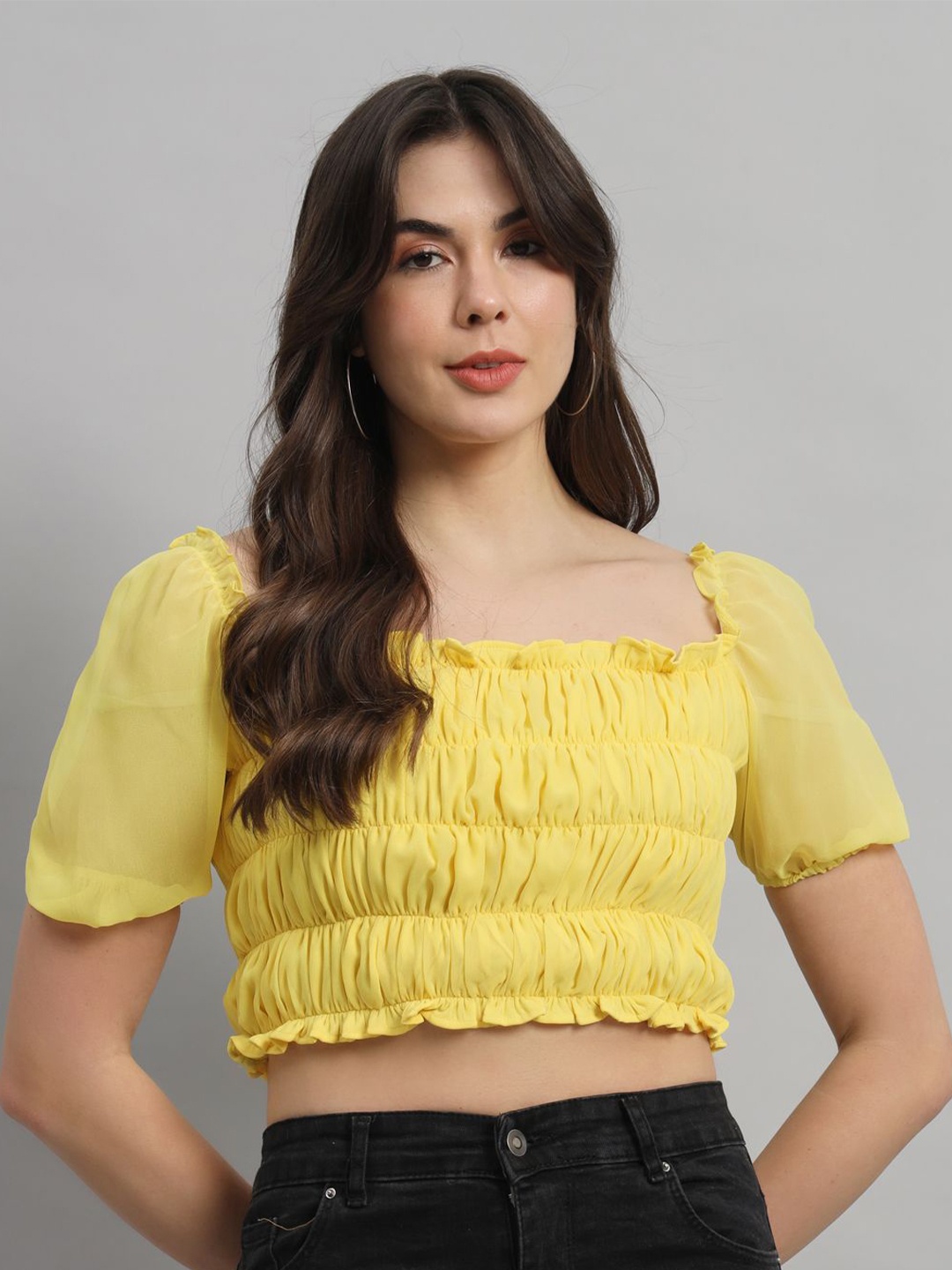 

SCORPIUS Women Square Neck Puff Sleeve Georgette Fitted Crop Top, Yellow