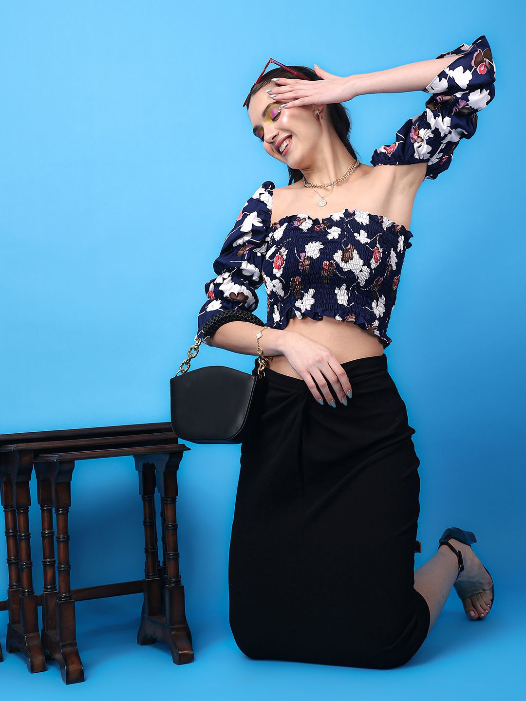 

SCORPIUS Women Floral Print Bardot Crop Smocked Top, Navy blue