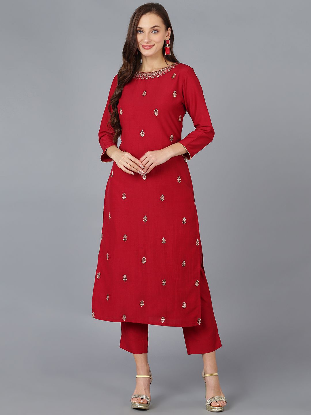

KALINI Embroidered Thread Work Silk Blend Straight Kurta, Red