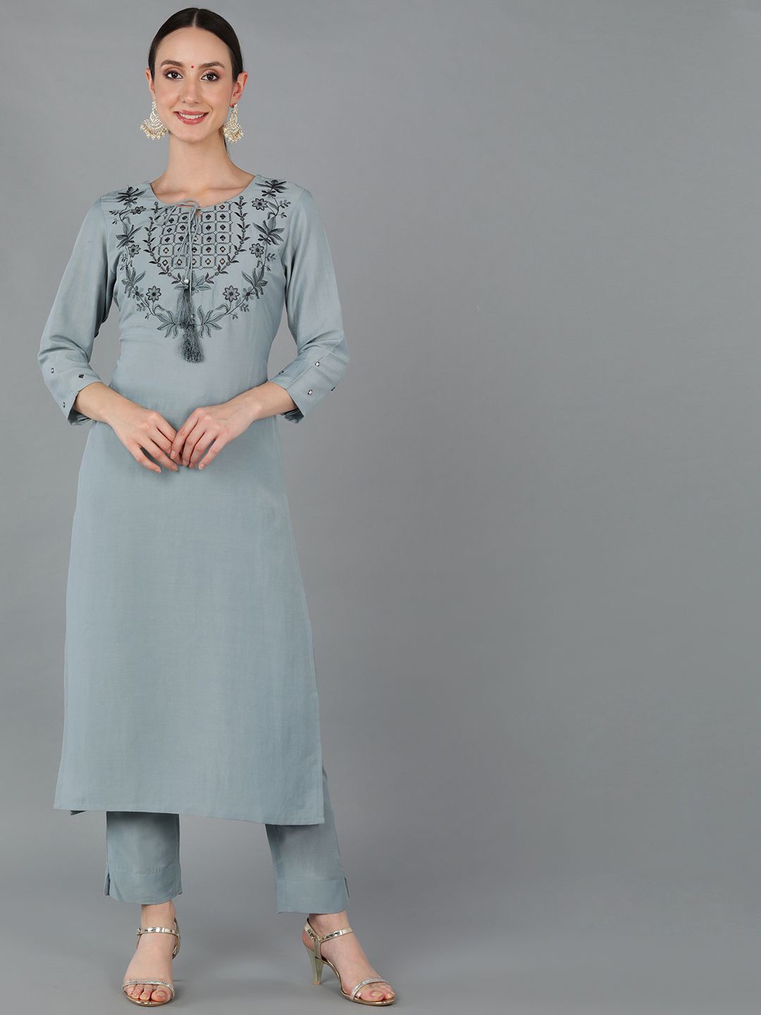 

KALINI Floral Yoke Design Tie-Up Neck Thread Work Straight Kurta, Grey