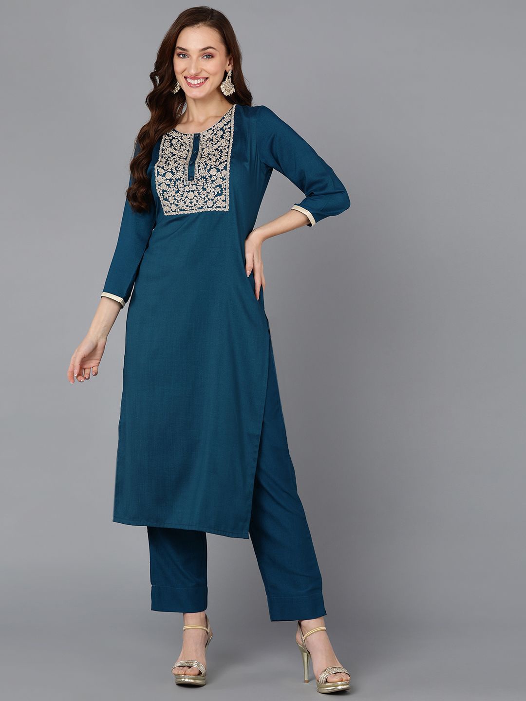 

KALINI Ethnic Motifs Yoke Design Thread Work Kurta, Teal