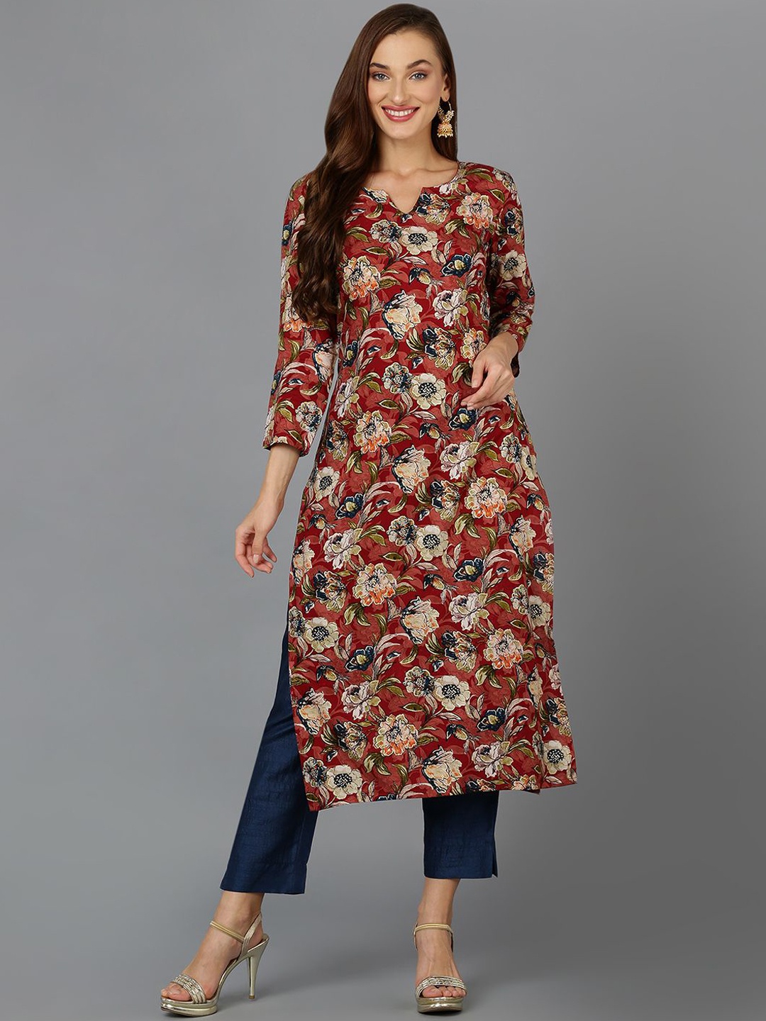 

KALINI Floral Printed Notched Neck Kurta, Maroon