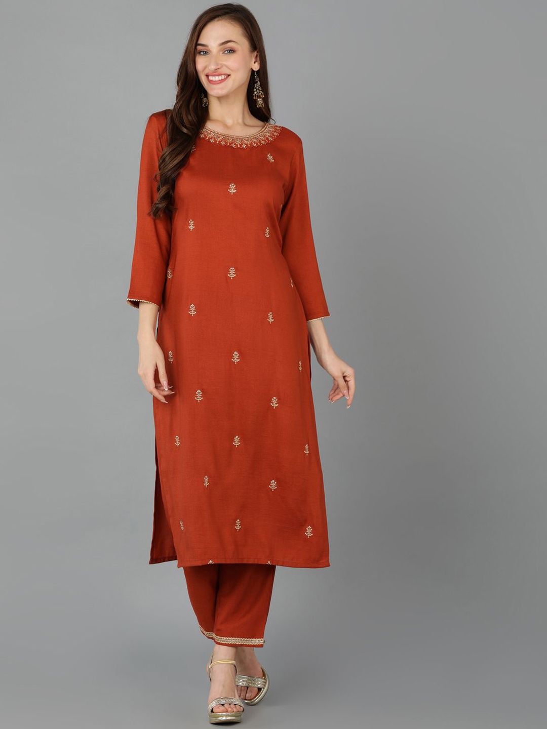 

KALINI Embroidered Thread Work Beads and Stones Silk Blend Straight Kurta, Red