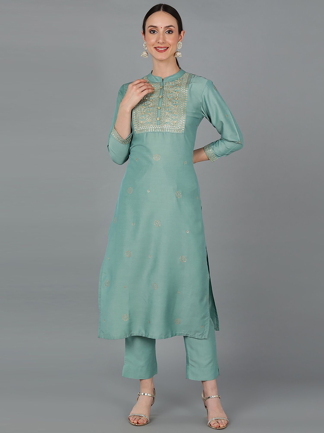 

KALINI Ethnic Motifs Embroidered Mandarin Collar Thread Work Straight Kurta, Green