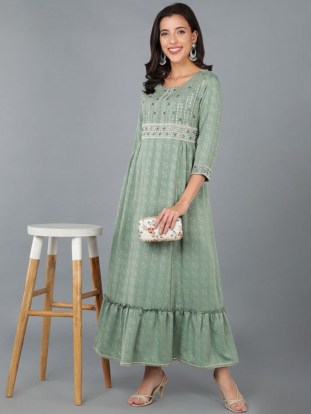 

KALINI Geometric Embroidered Round Neck Thread Work Anarkali Pleated Kurta, Green