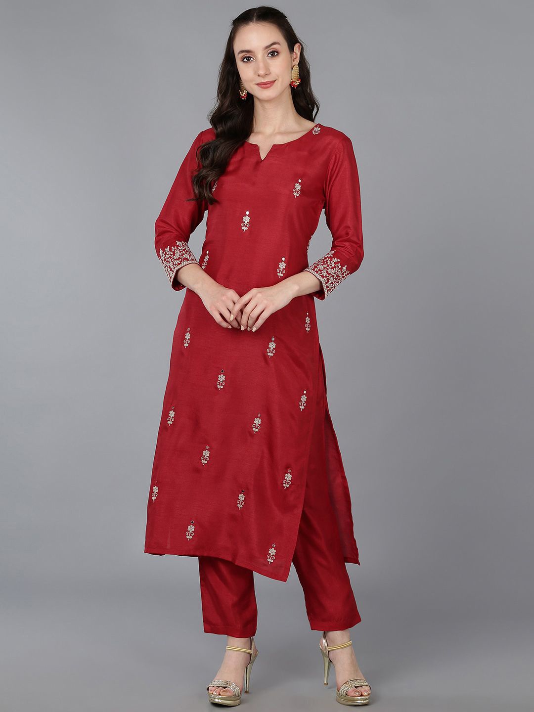 

KALINI Floral Embroidered Notch Neck Thread Work Straight Kurta, Red