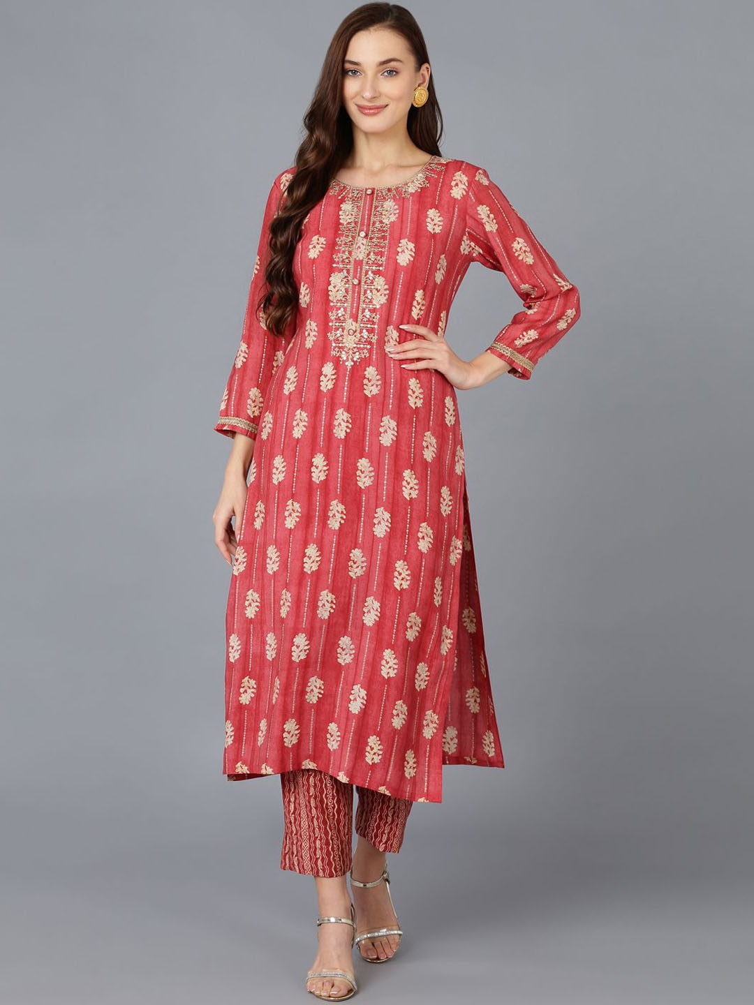 

KALINI Ethnic Motifs Printed Round Neck Thread Work Straight Kurta, Red