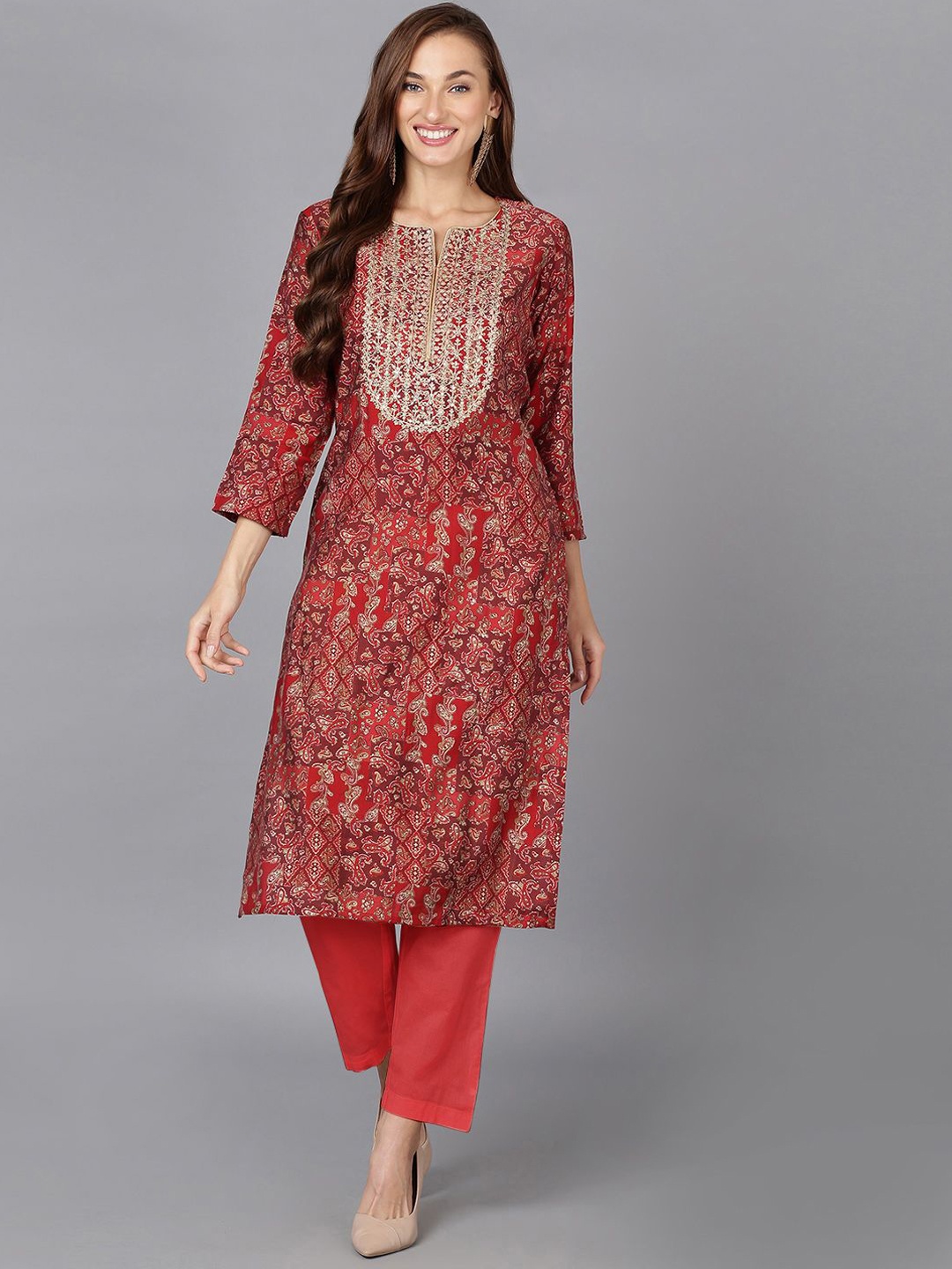 

KALINI Ethnic Motifs Embroidered Yoke Design Three-Quarter Sleeves Zari Straight Kurta, Red