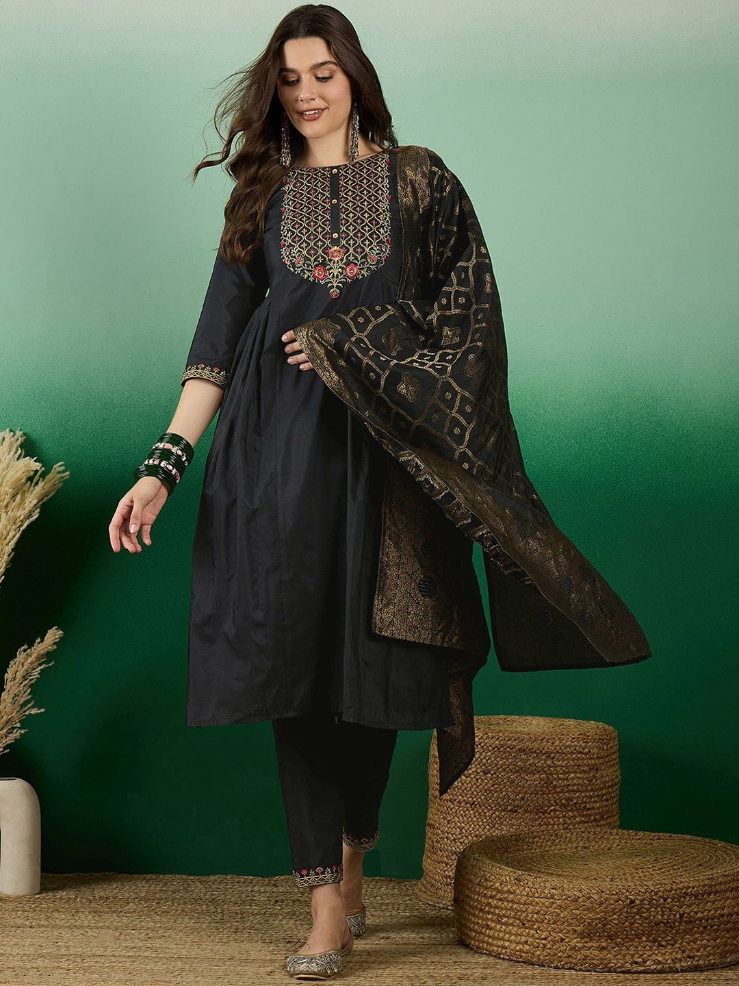 

Sangria Black Floral Embroidered A-Line Kurta With Trouser & Dupatta