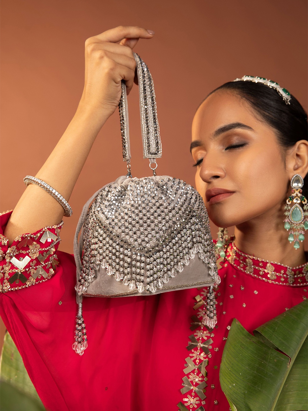 

MODARTA Embellished Potli Clutch, Silver