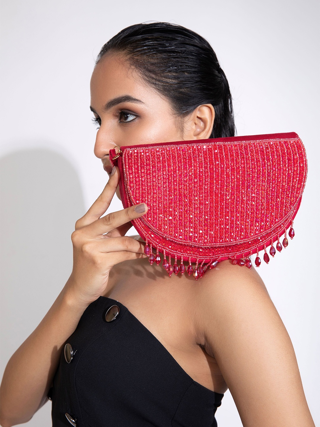 

MODARTA Embellished Half Moon Clutch, Red