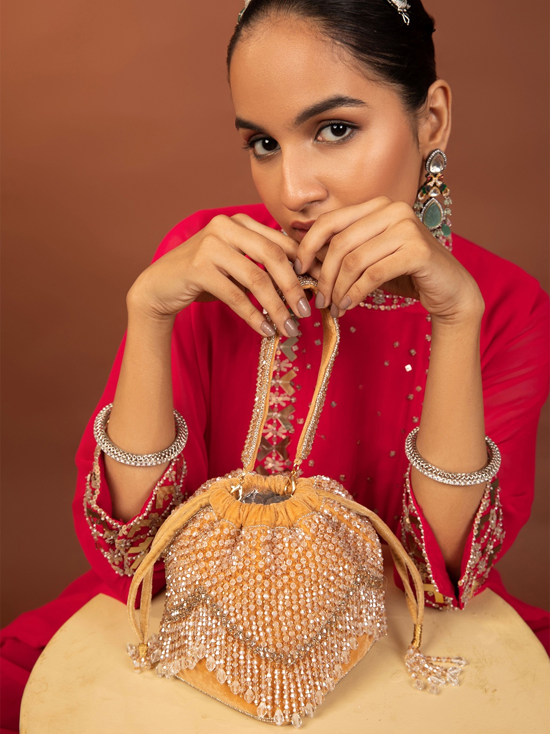 

MODARTA Embellished Potli Clutch, Gold