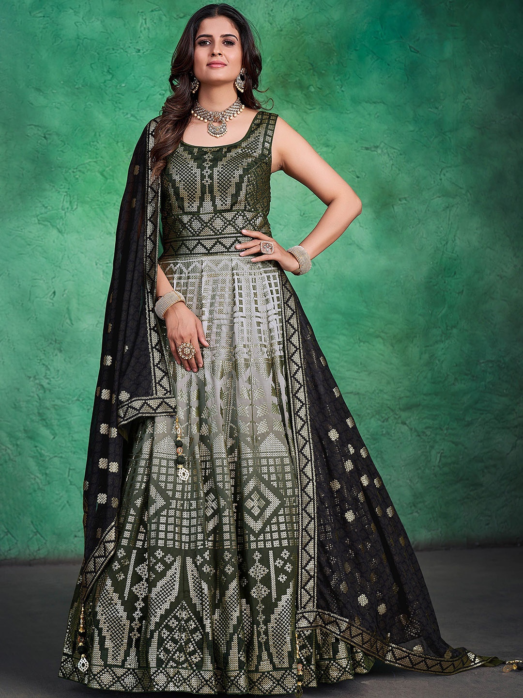 

Fusionic Embroidered Ethnic Gown with Dupatta, Green