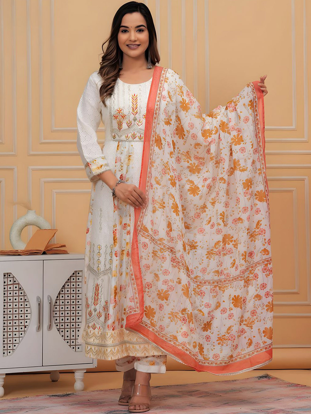 

KALINI Floral Embroidered Chikankari Pure Cotton Anarkali Kurta With Trousers & Dupatta, White