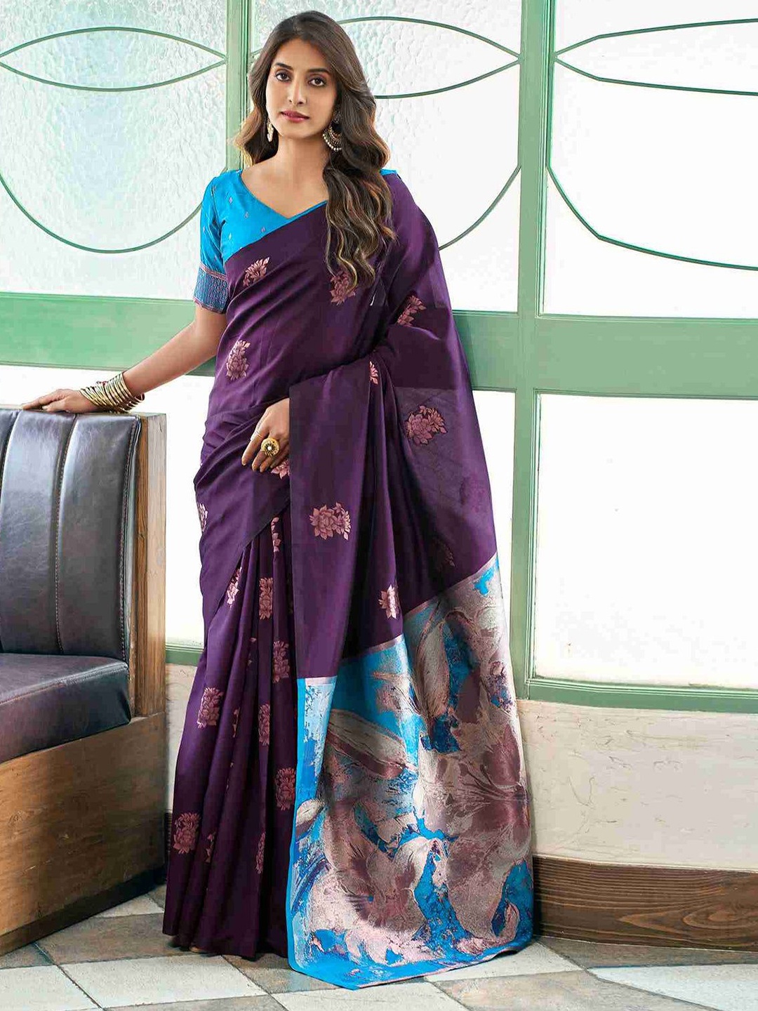 

KALINI Floral Zari Saree, Purple