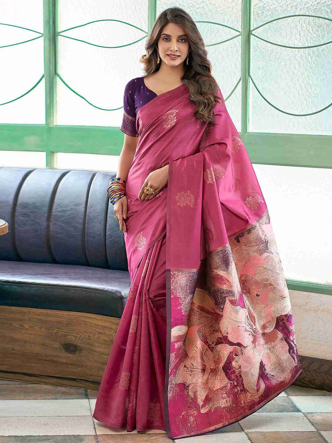 

KALINI Woven Design Zari Saree, Pink