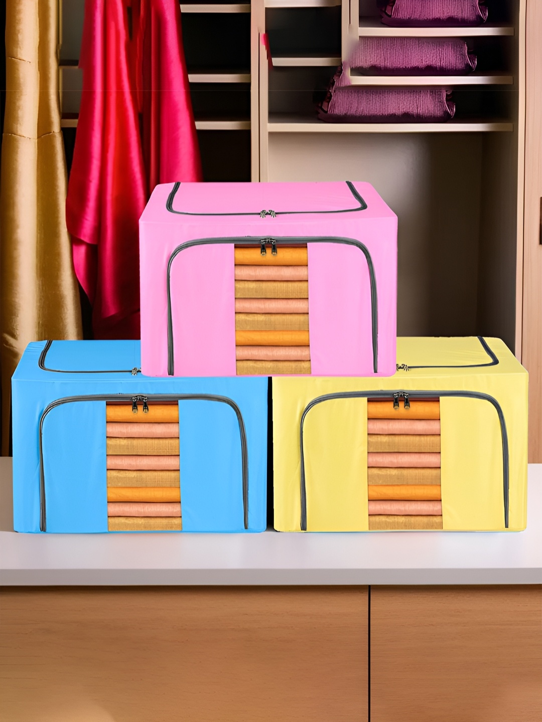 

Kuber Industries Blue & Yellow 3 Pieces Drawer Organisers
