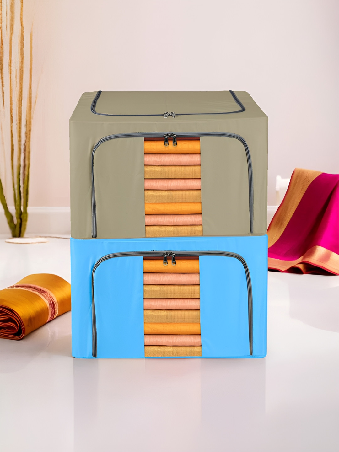 

Kuber Industries Blue & Brown 2 Pieces Steel Frame Drawer Organiser 66 Liter