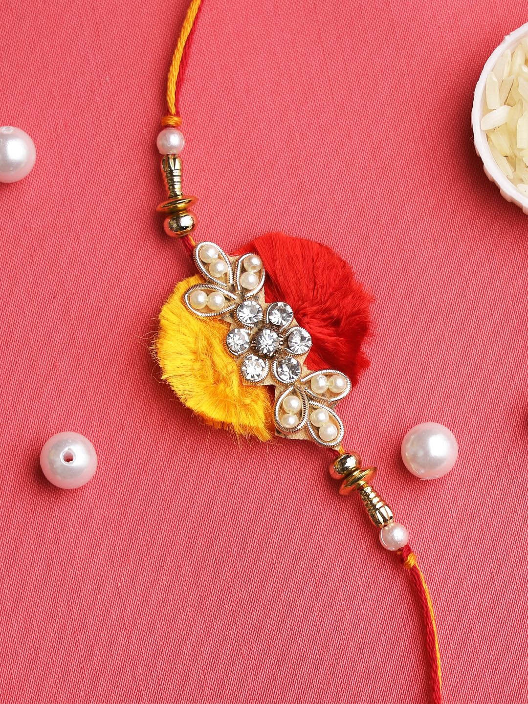 

Aapno Rajasthan Stone Studded & Beaded Rakhi With Roli Chawal & Greeting Card, Red