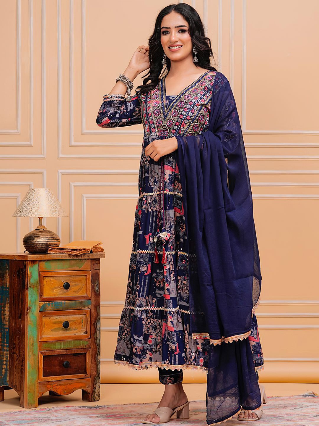 

KALINI Embroidered V-Neck Regular Mirror Work Kurta ,Trousers & Dupatta, Navy blue