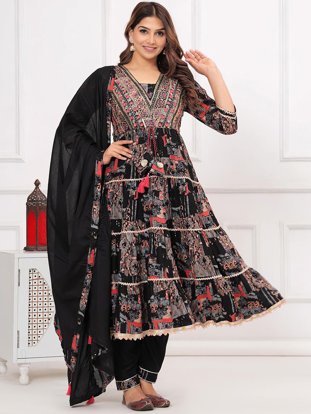 

KALINI Embroidered V-Neck Regular Mirror Work Kurta ,Trousers & Dupatta, Black