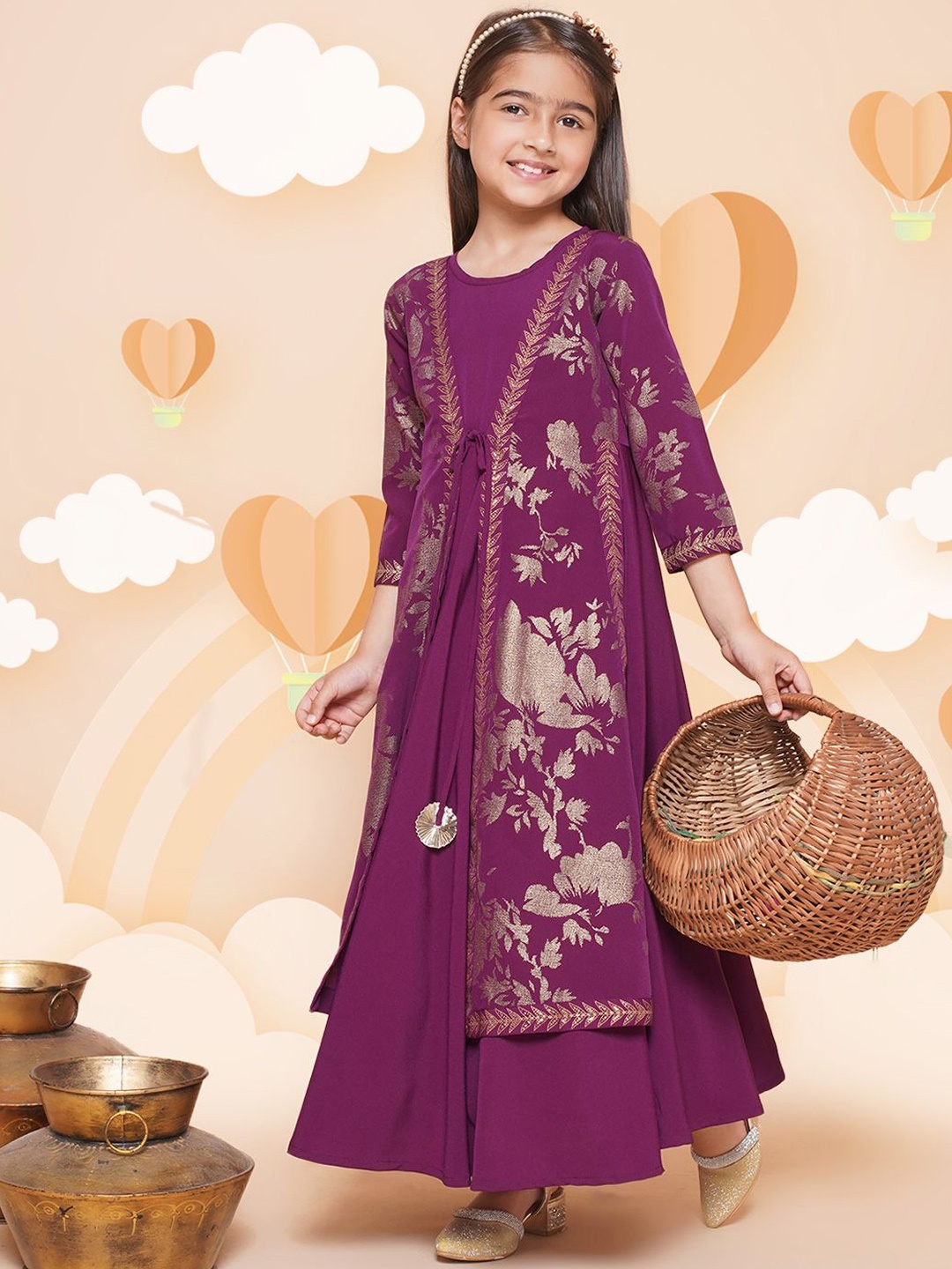 

AHALYAA KIDS Girls Floral Printed Fit And Flare Ethnic Dresses, Burgundy