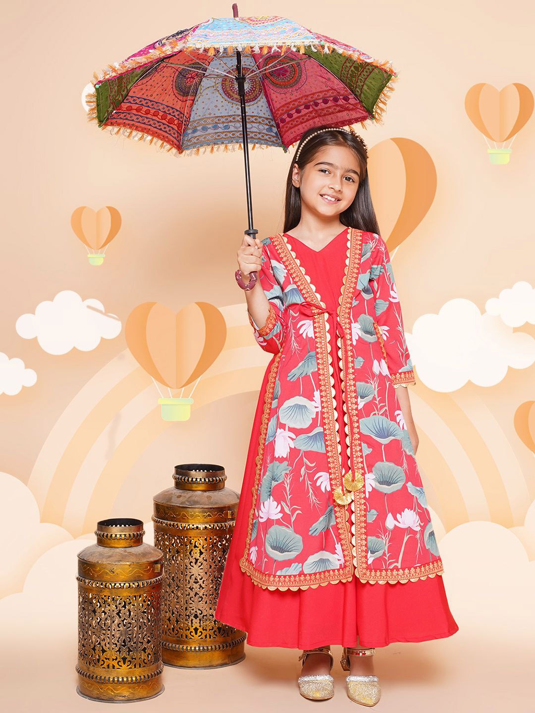 

AHALYAA KIDS Girls Floral Printed Fit And Flare Maxi Ethnic Dress, Red