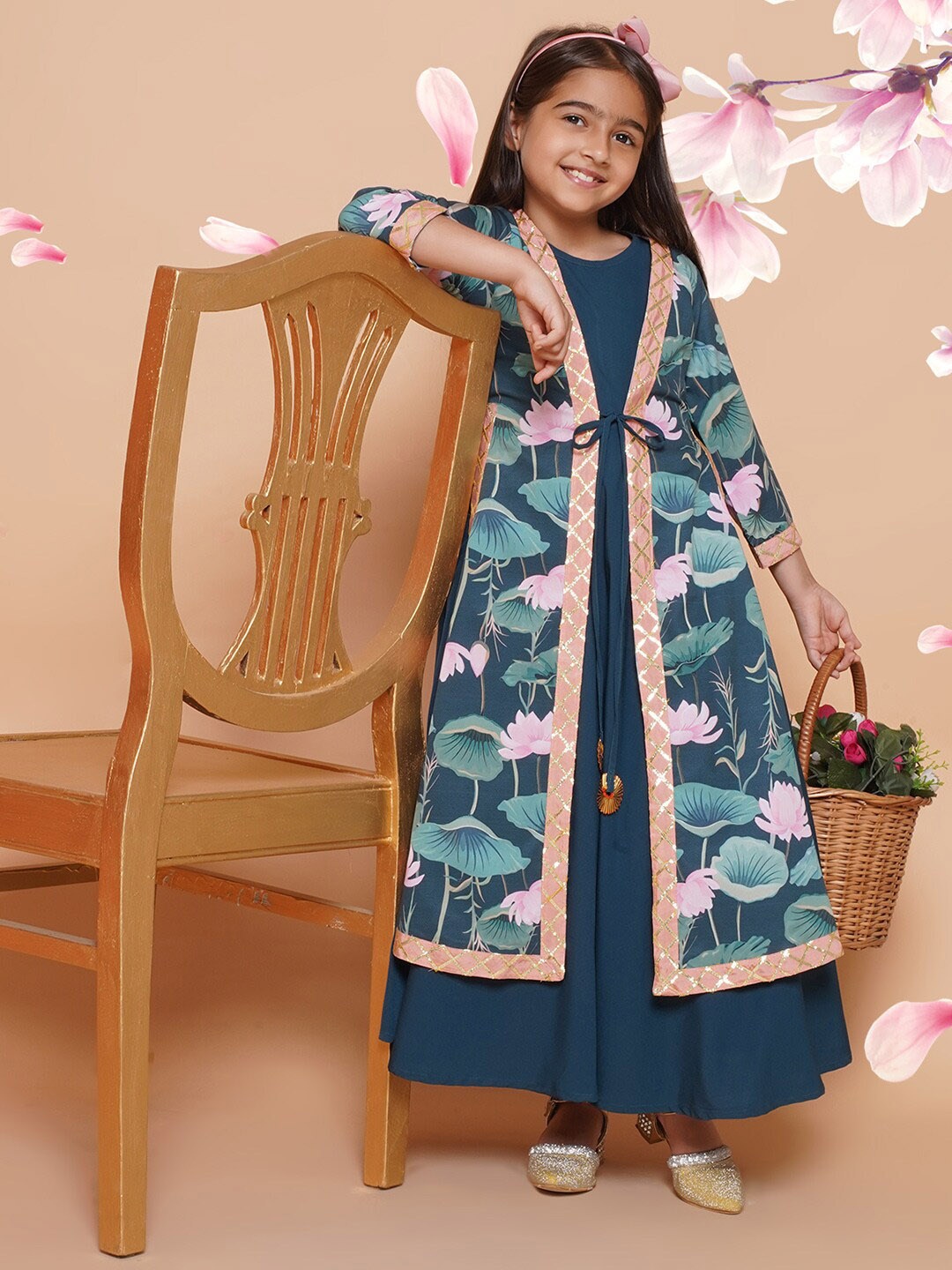 

AHALYAA KIDS Girls Floral Printed Empire Maxi Ethnic Dress, Green