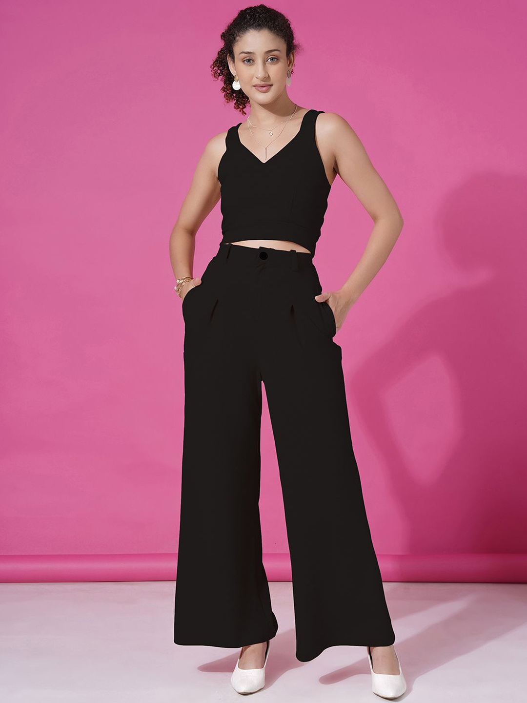 

Selvia V-Neck Shoulder Straps Casual Top With Trousers, Black