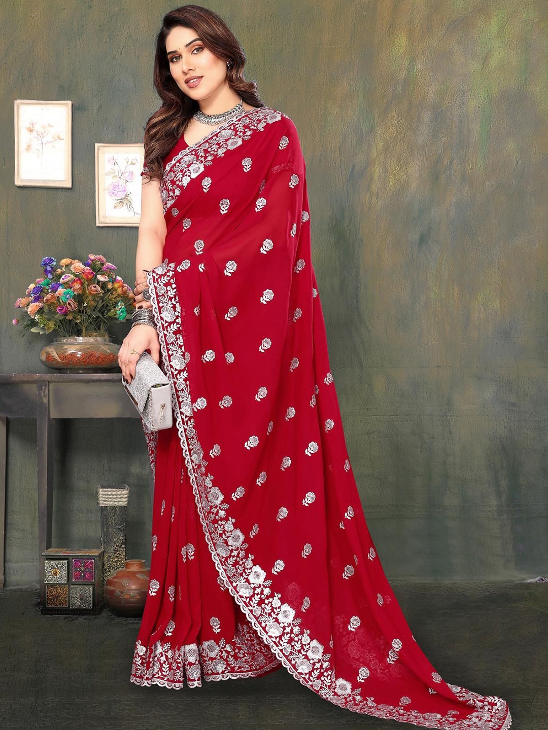 

KHRITI FAB Floral Embroidered Pure Georgette Saree, Red