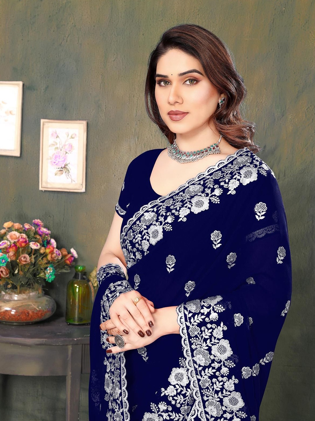 

KHRITI FAB Floral Embroidered Pure Georgette Saree, Navy blue