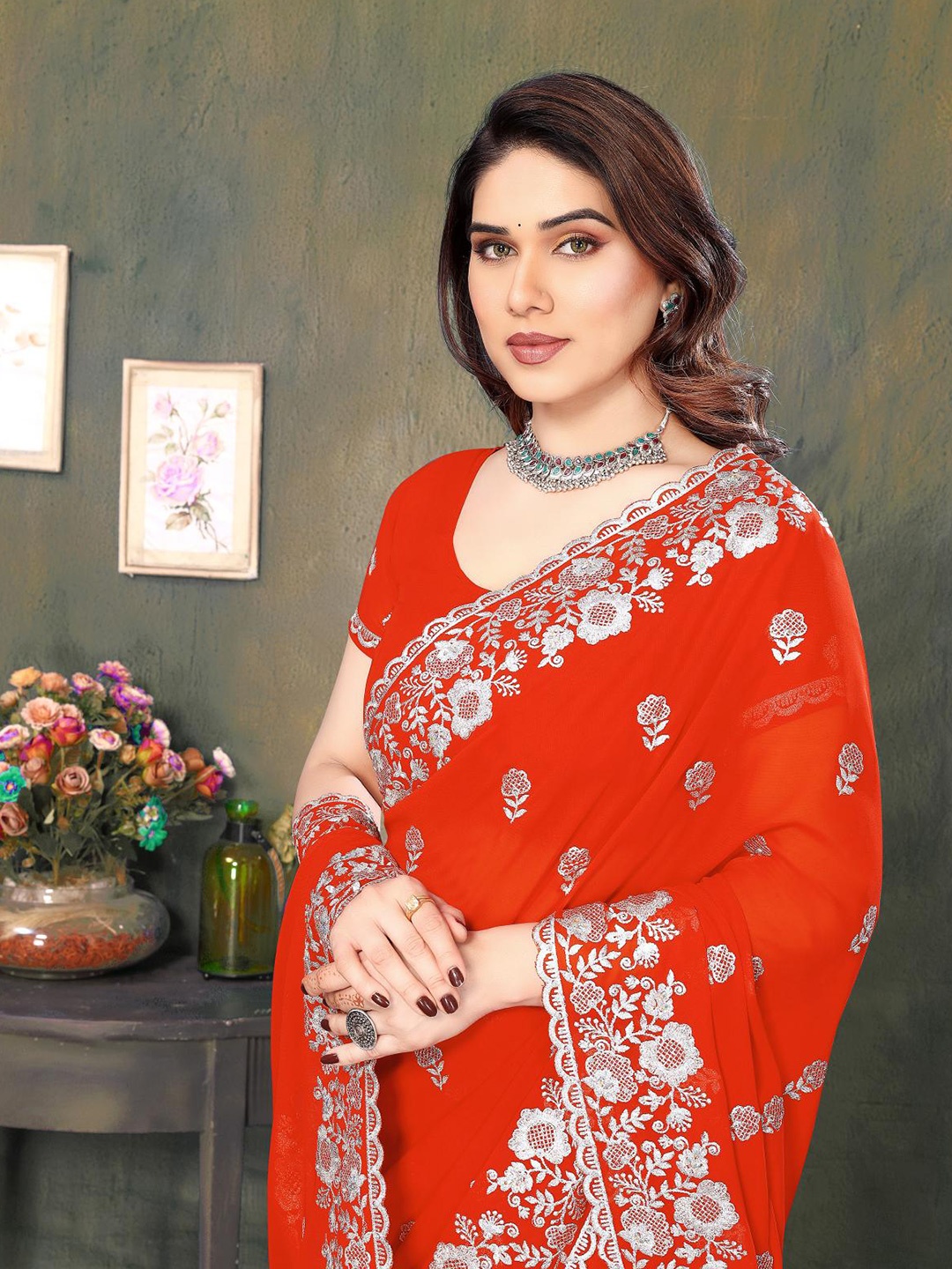

KHRITI FAB Floral Embroidered Pure Georgette Saree, Orange
