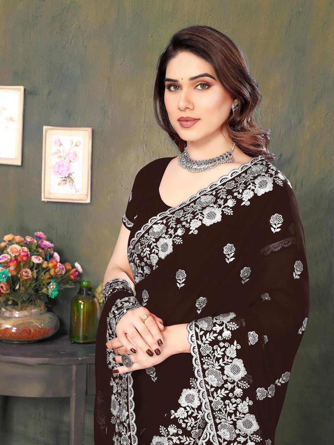 

KHRITI FAB Floral Embroidered Pure Georgette Saree, Brown