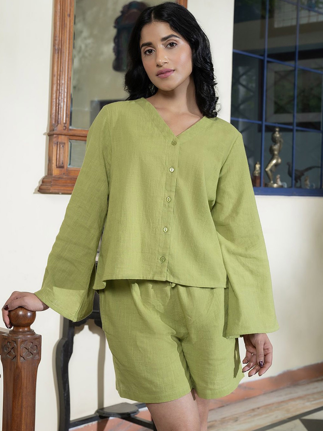 

SANSKRUTIHOMES V Neck Pure Cotton Night suit, Green