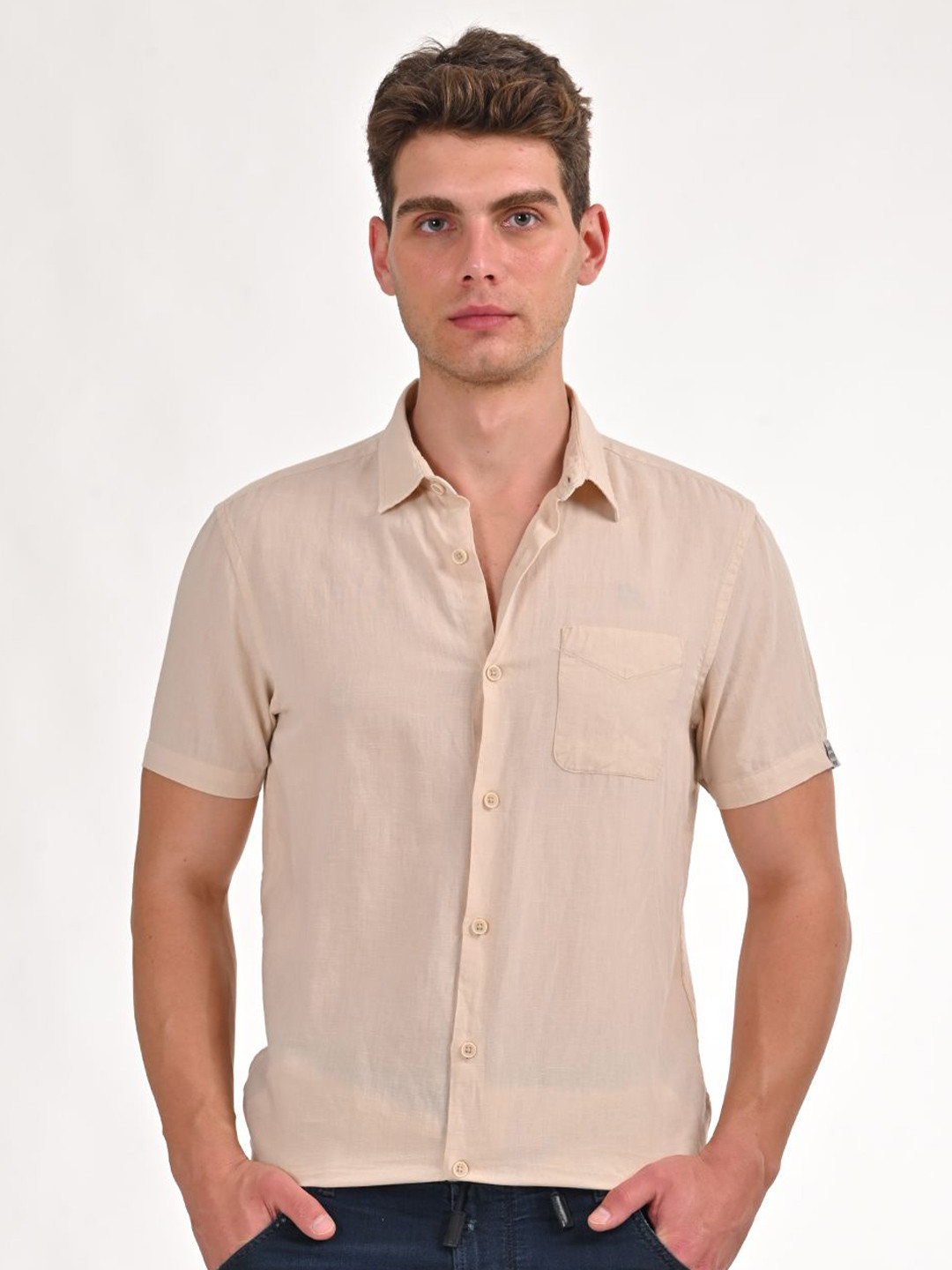

POE Men Smart Slim Fit Opaque Casual Shirt, Beige