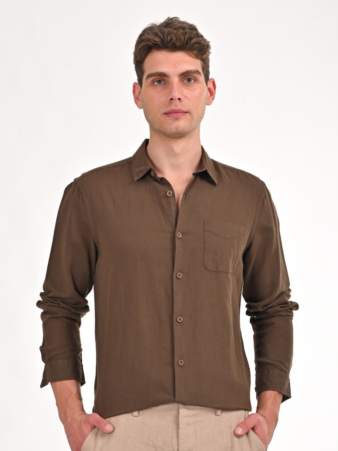 

POE Men Smart Slim Fit Opaque Casual Shirt, Brown