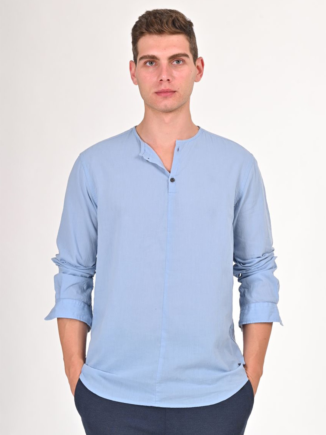

POE Men Smart Slim Fit Opaque Casual Shirt, Blue