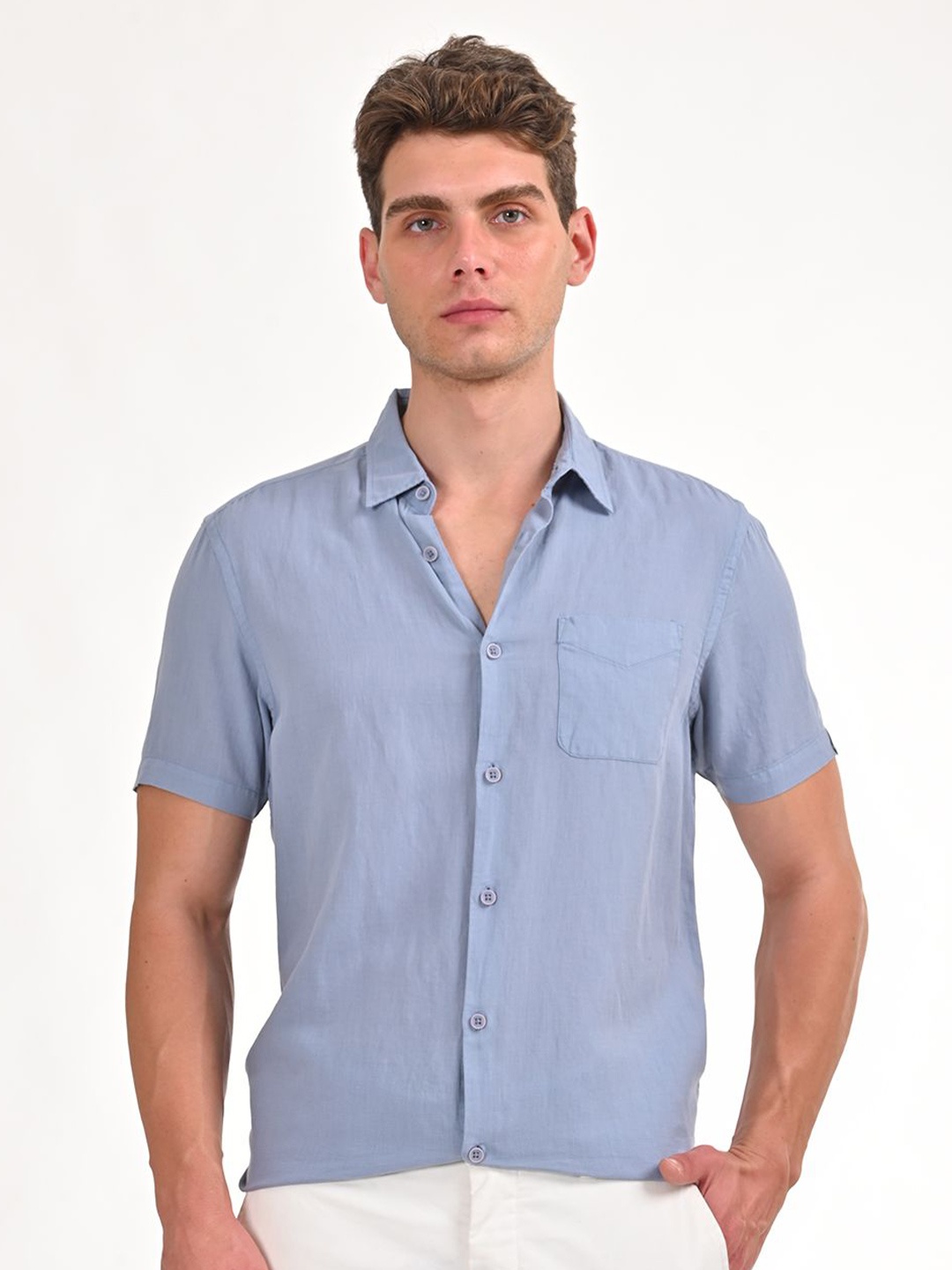 

POE Men Smart Slim Fit Opaque Casual Shirt, Blue