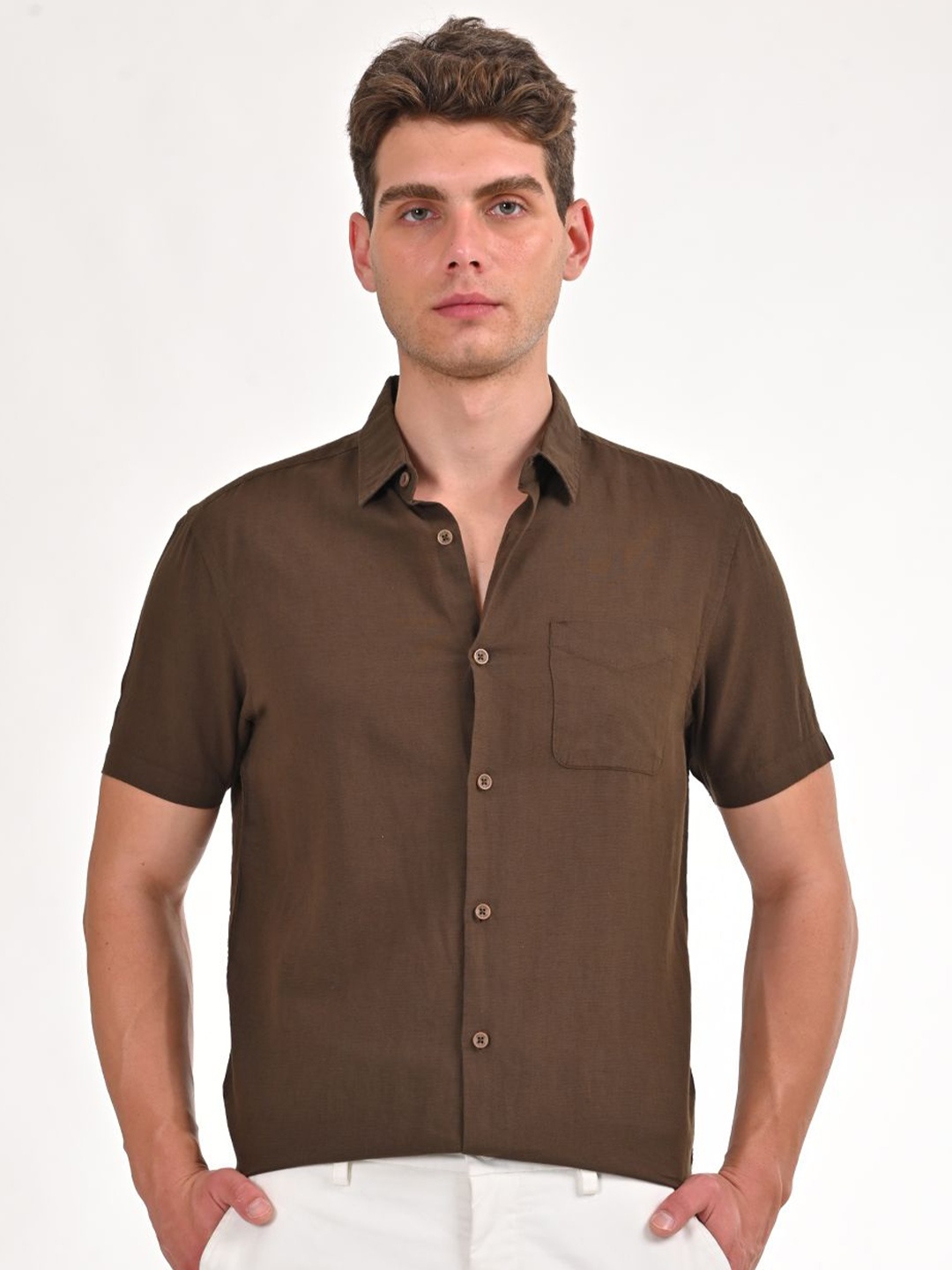 

POE Men Smart Slim Fit Opaque Casual Shirt, Brown