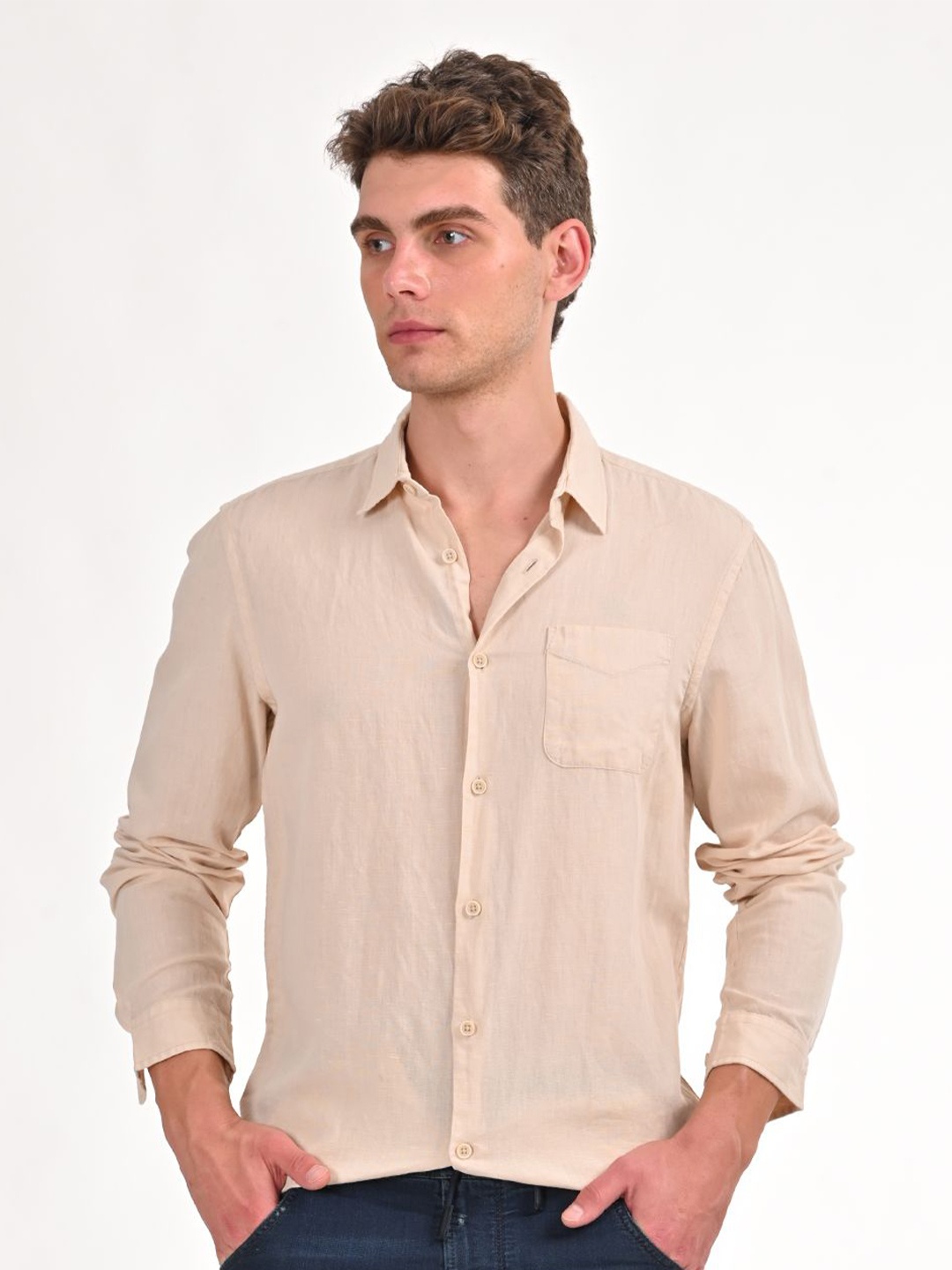 

POE Men Smart Solid Spread Collar Slim Fit Casual Shirt, Beige