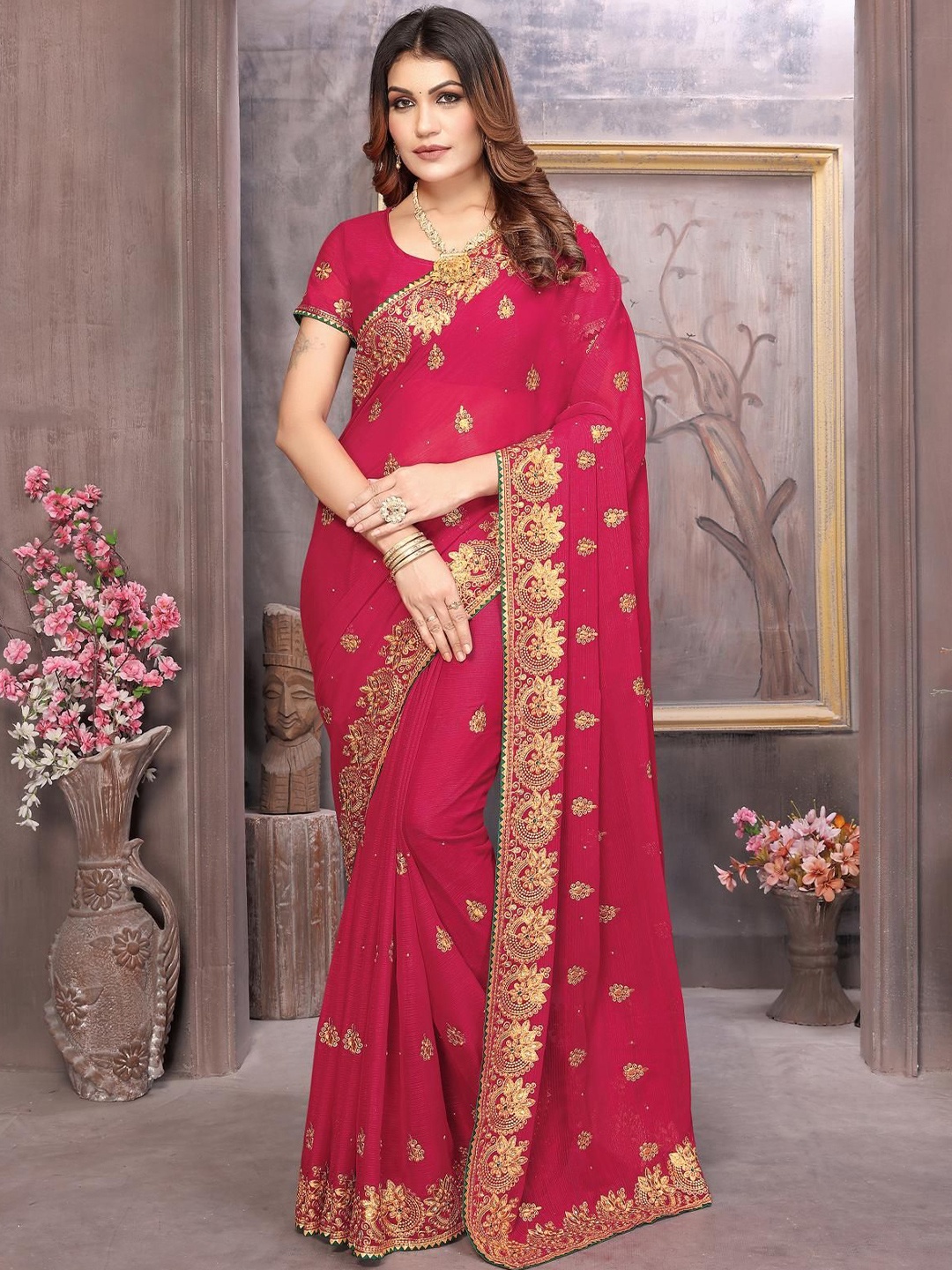 

KHRITI FAB Embellished Embroidered Pure Georgette Saree, Red