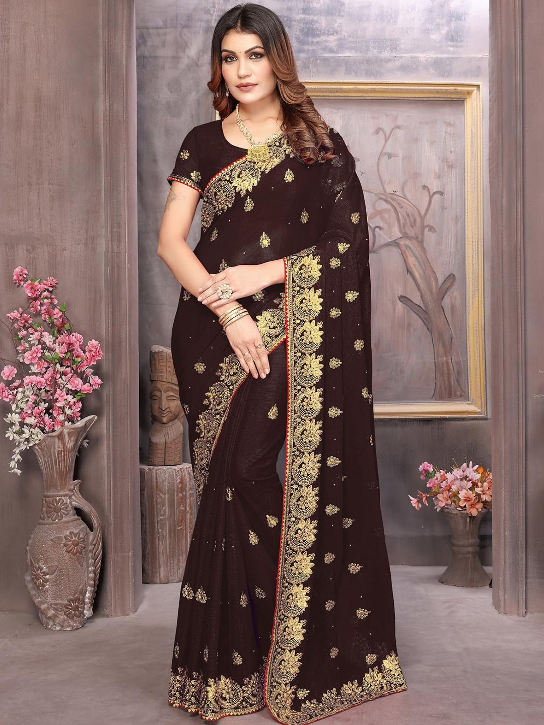 

KHRITI FAB Floral Pure Georgette Saree, Brown