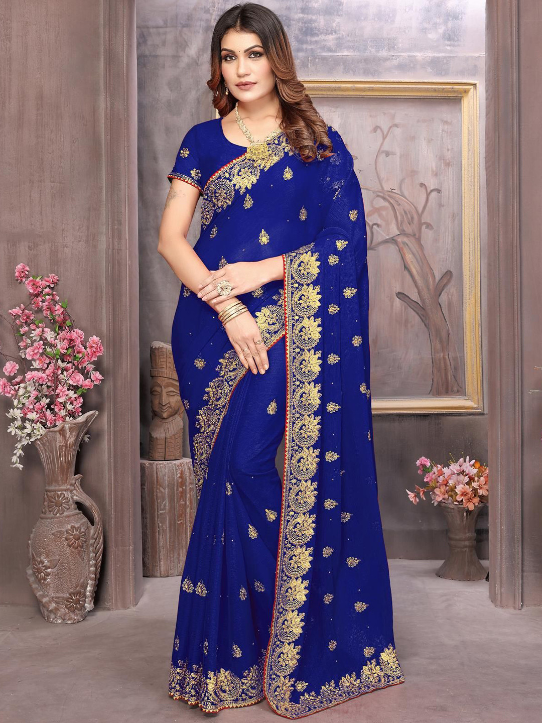 

KHRITI FAB Floral Embroidered Pure Georgette Saree, Blue