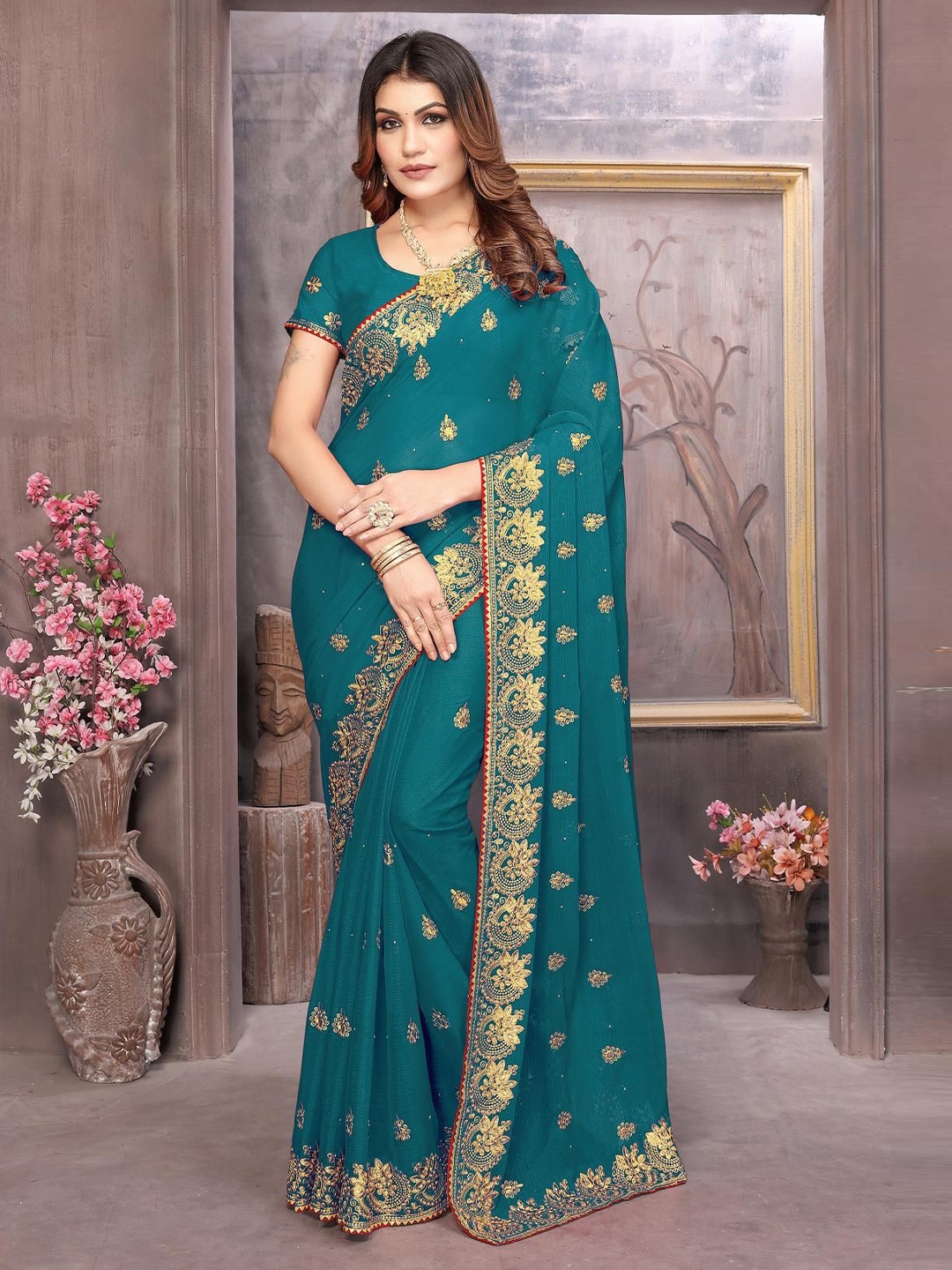 

KHRITI FAB Floral Zari Pure Georgette Saree, Turquoise blue