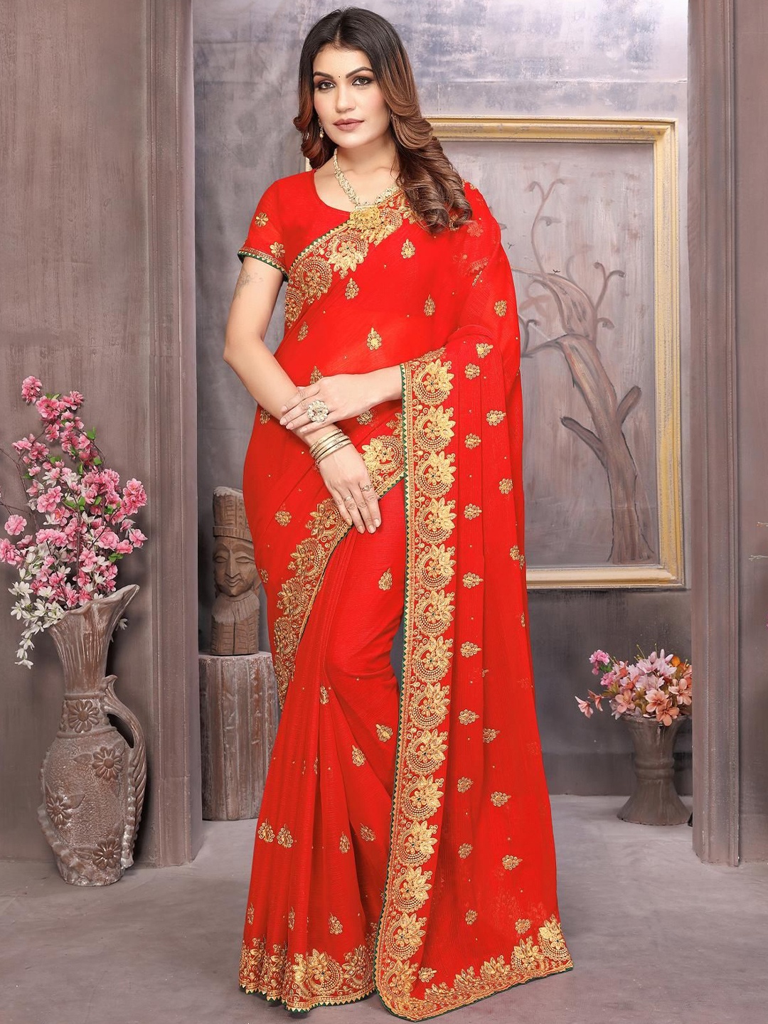 

KHRITI FAB Floral Embroidered Pure Georgette Saree, Orange