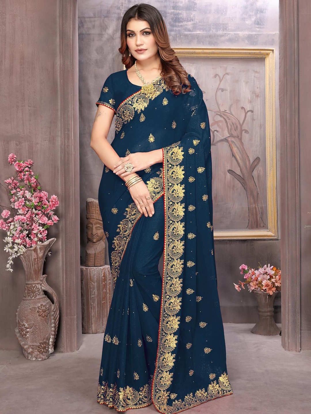 

KHRITI FAB Embellished Embroidered Pure Georgette Saree, Teal